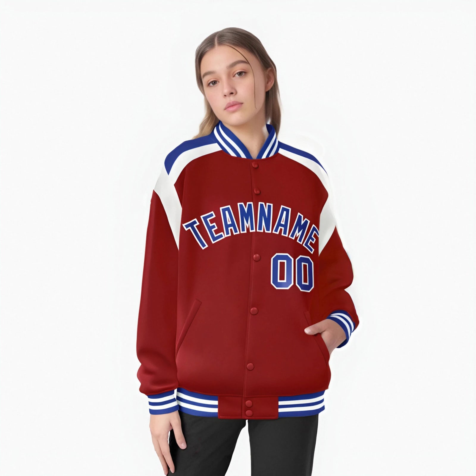 Custom Royal Red Blue-White Bomber Full-Snap Varsity Letterman Shoulder Stripe Jacket