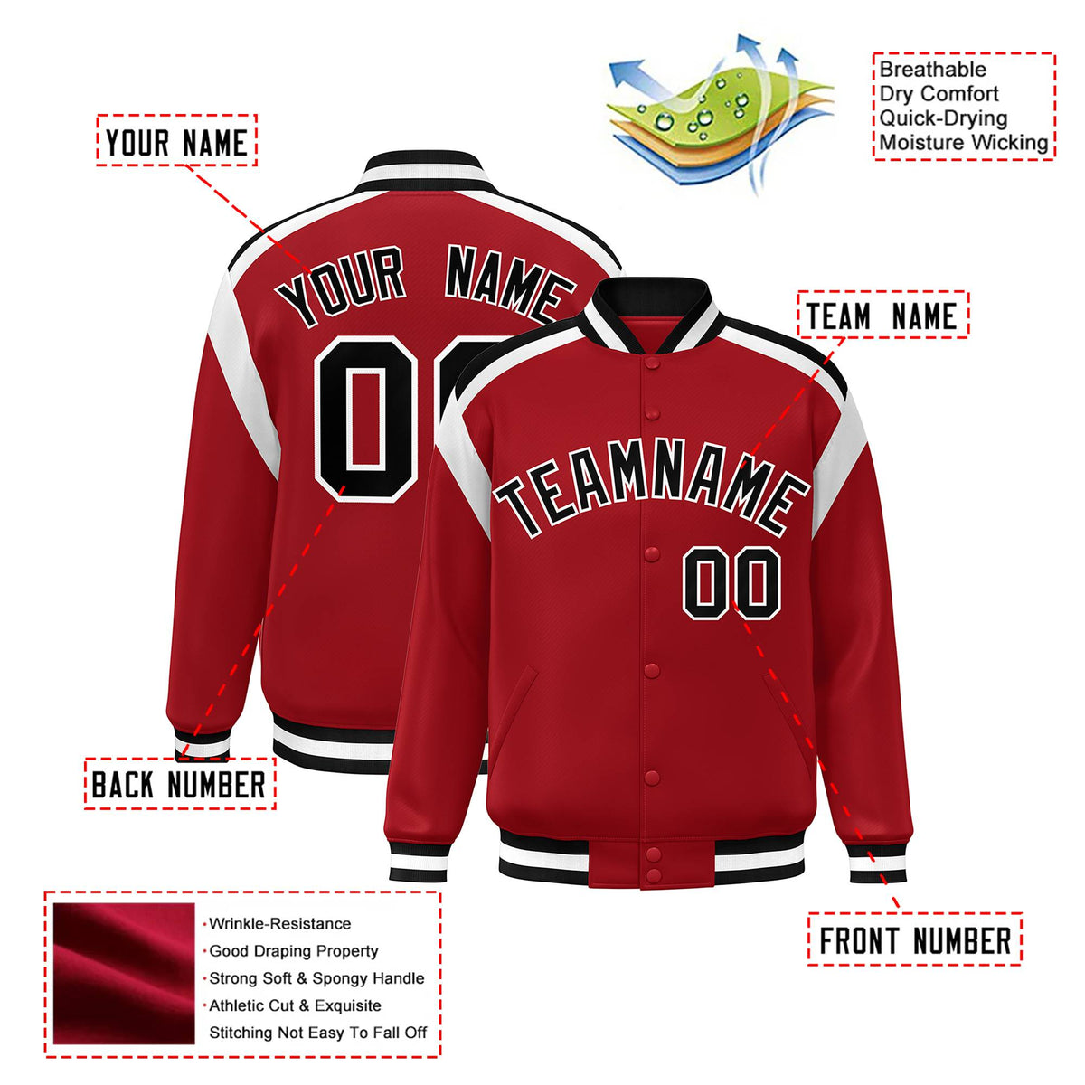 Custom Royal Red Black-White Bomber Full-Snap Varsity Letterman Shoulder Stripe Jacket