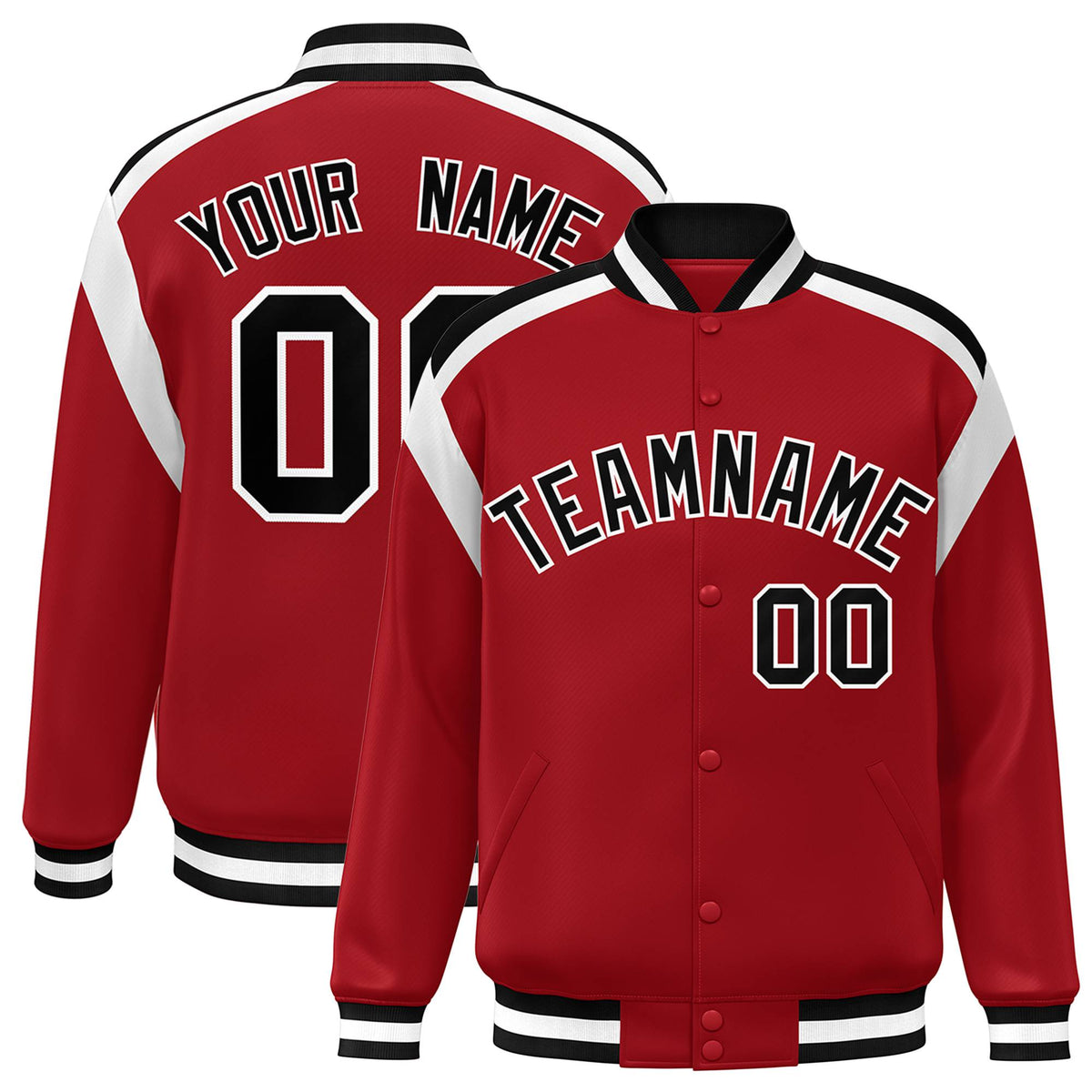Custom Royal Red Black-White Bomber Full-Snap Varsity Letterman Shoulder Stripe Jacket