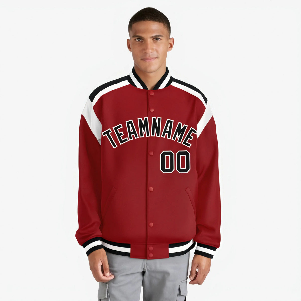Custom Royal Red Black-White Bomber Full-Snap Varsity Letterman Shoulder Stripe Jacket