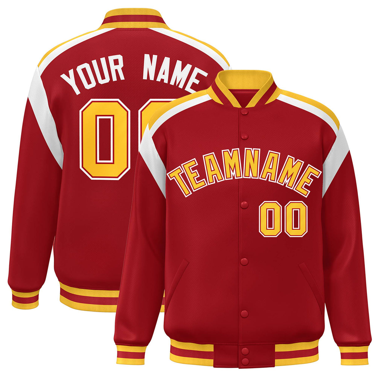 Custom Royal Red Yellow-White Bomber Full-Snap Varsity Letterman Shoulder Stripe Jacket