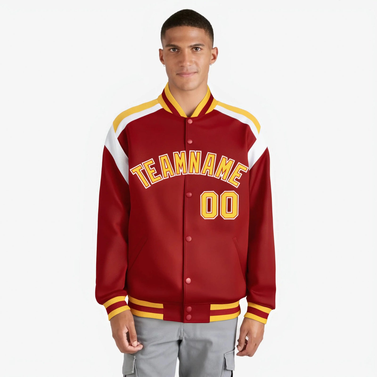 Custom Royal Red Yellow-White Bomber Full-Snap Varsity Letterman Shoulder Stripe Jacket