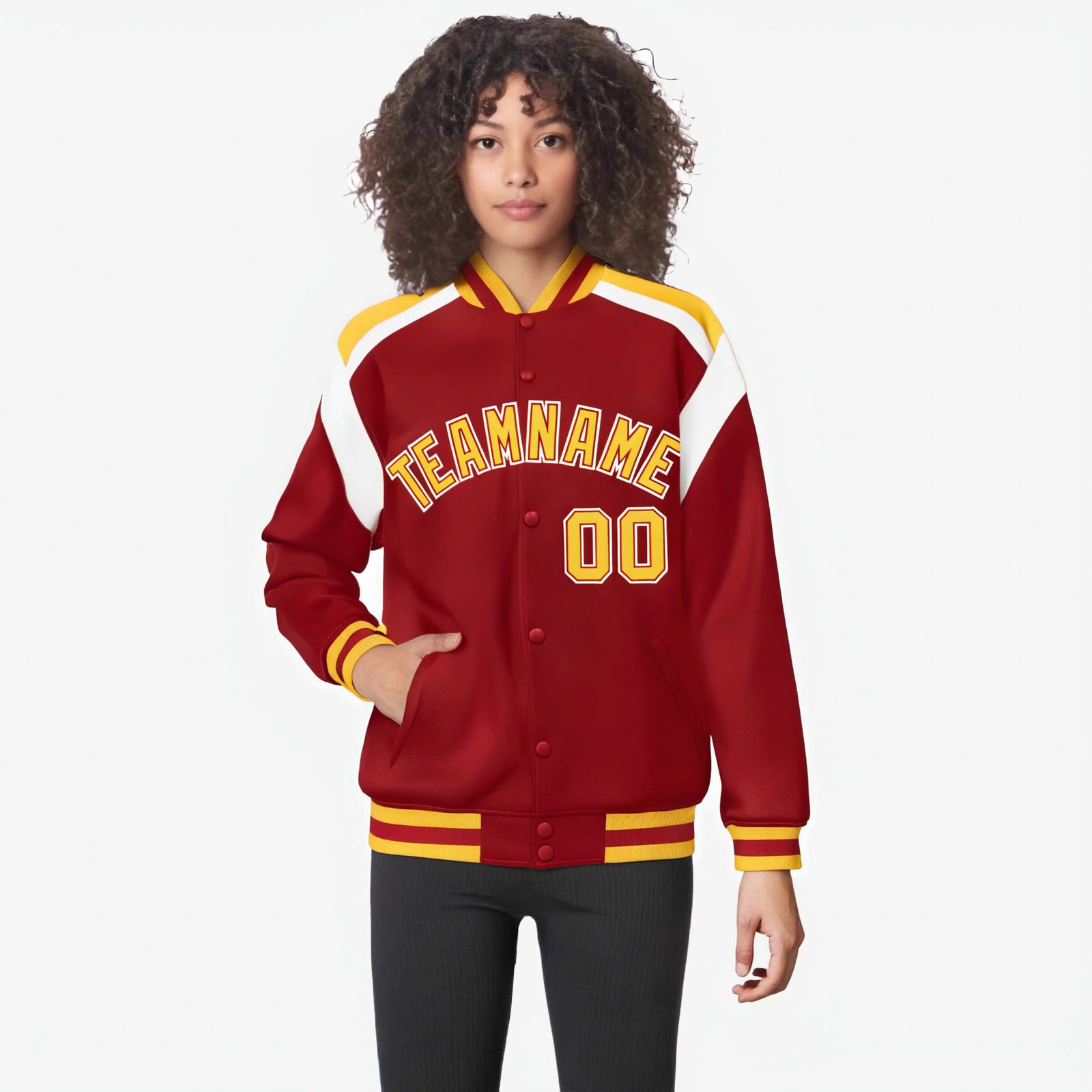 Custom Royal Red Yellow-White Bomber Full-Snap Varsity Letterman Shoulder Stripe Jacket