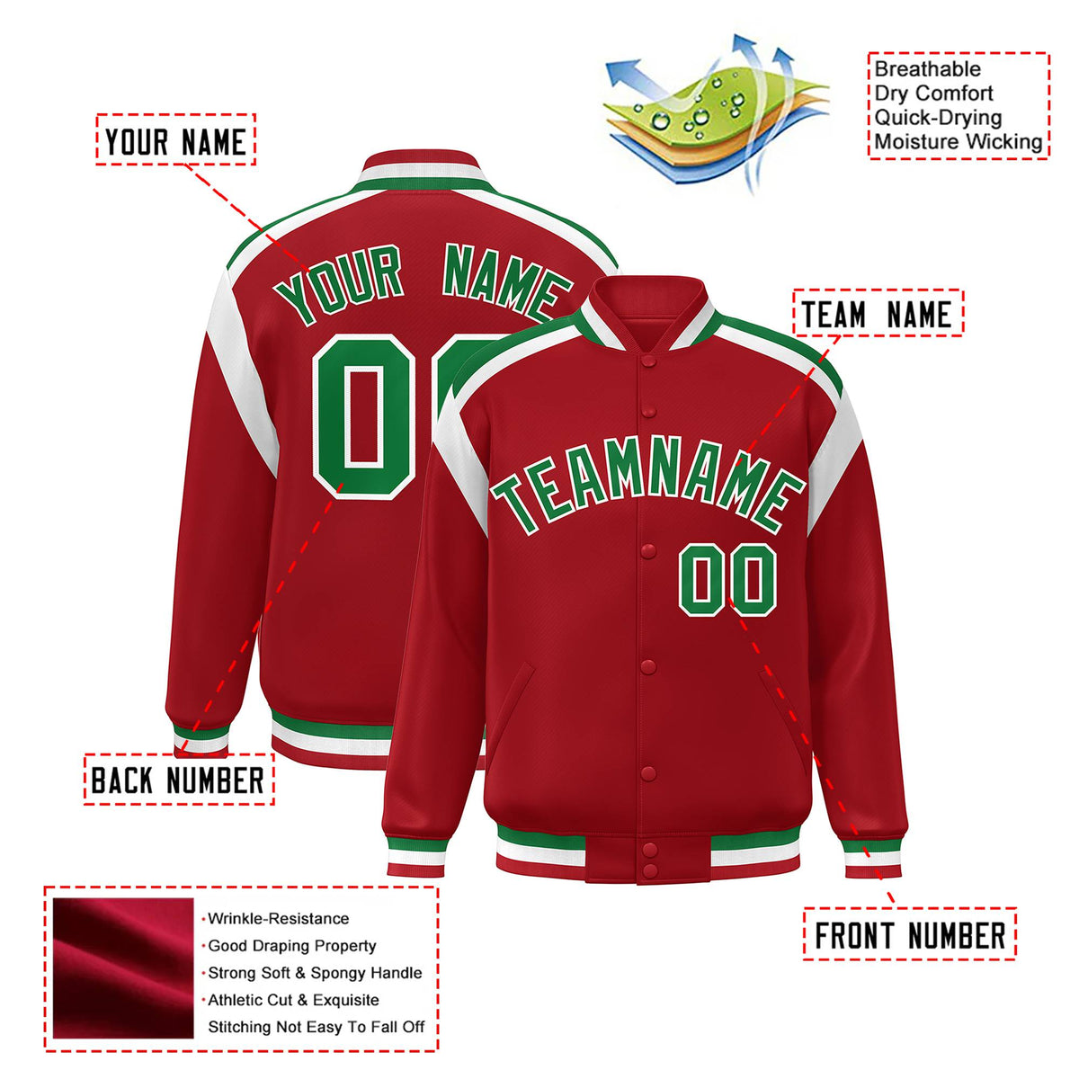 Custom Royal Red Neon-Green White Bomber Full-Snap Varsity Letterman Shoulder Stripe Jacket