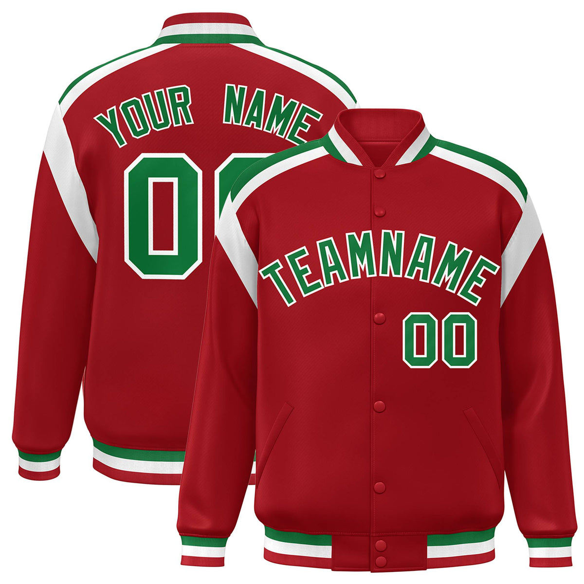 Custom Royal Red Neon-Green White Bomber Full-Snap Varsity Letterman Shoulder Stripe Jacket