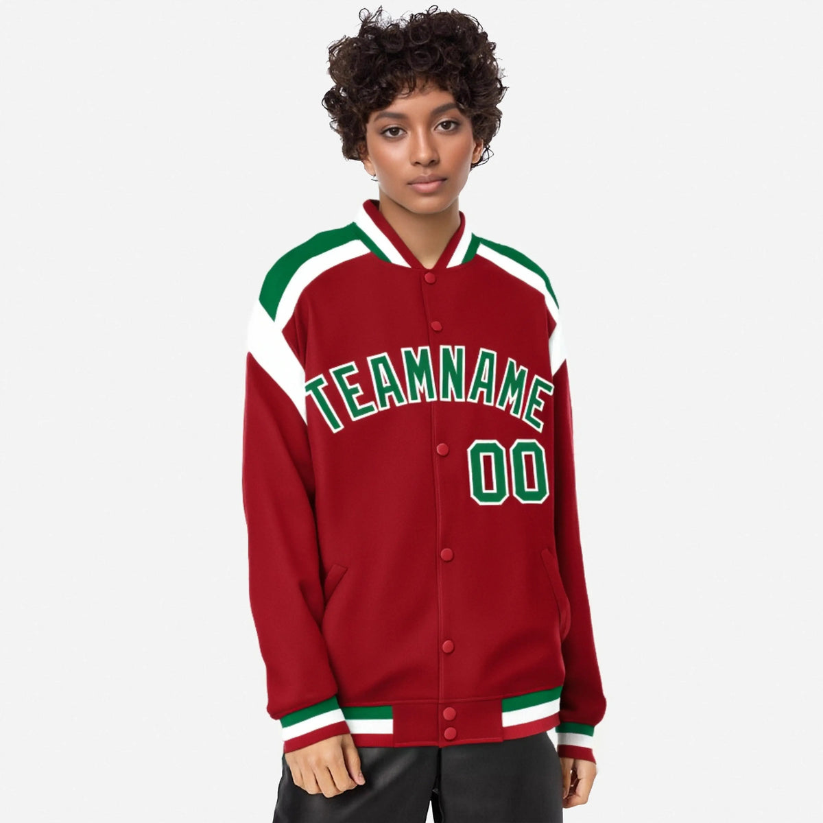 Custom Royal Red Neon-Green White Bomber Full-Snap Varsity Letterman Shoulder Stripe Jacket