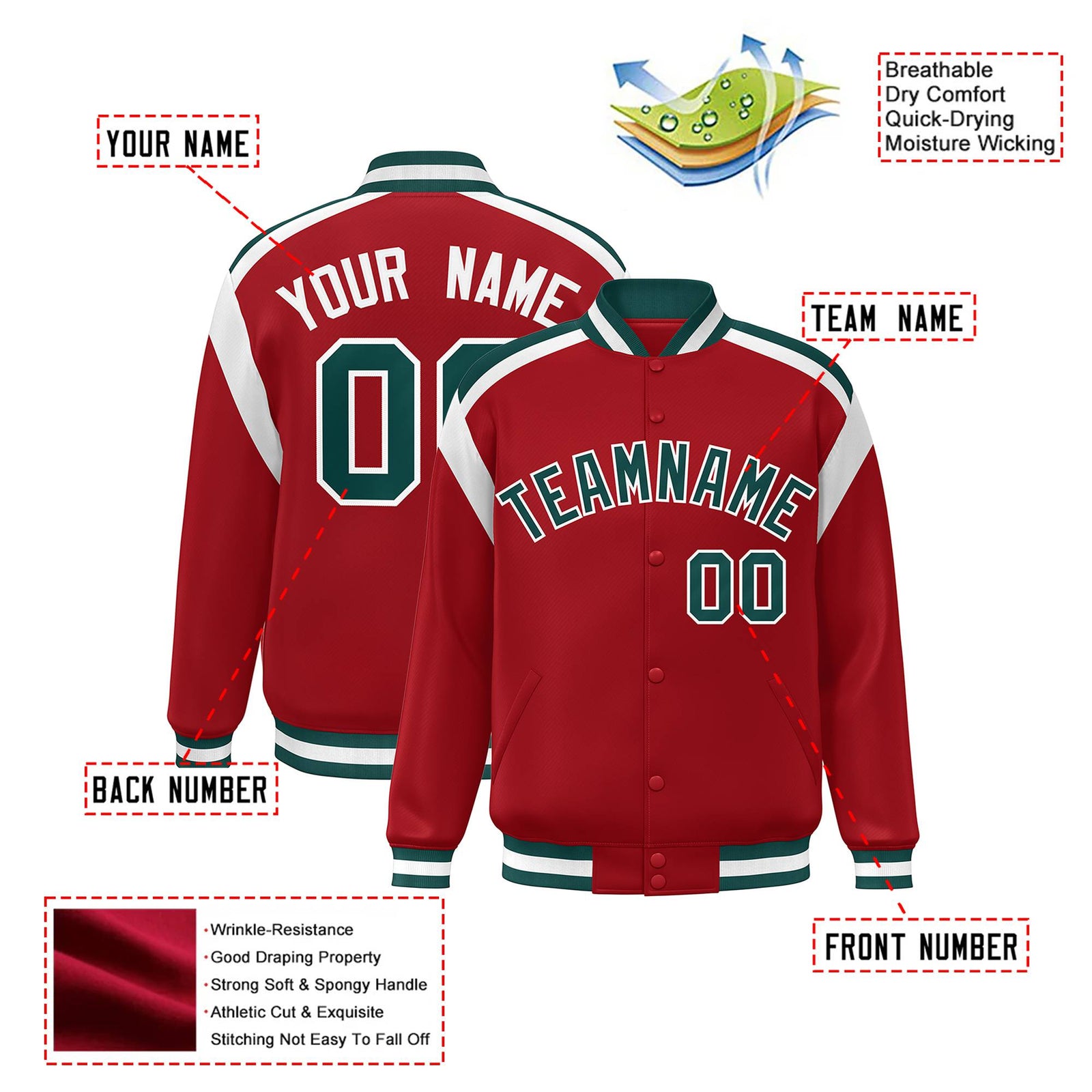 Custom Royal Red Midnight-Green White Bomber Full-Snap Varsity Letterman Shoulder Stripe Jacket