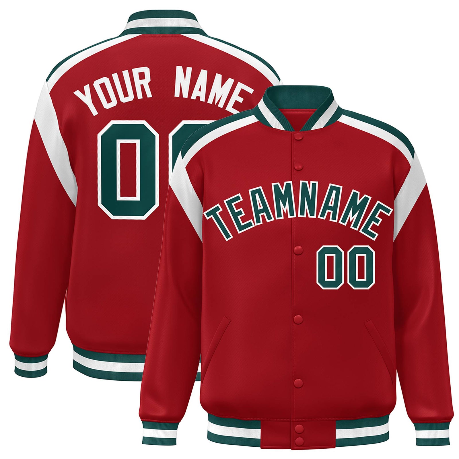 Custom Royal Red Midnight-Green White Bomber Full-Snap Varsity Letterman Shoulder Stripe Jacket