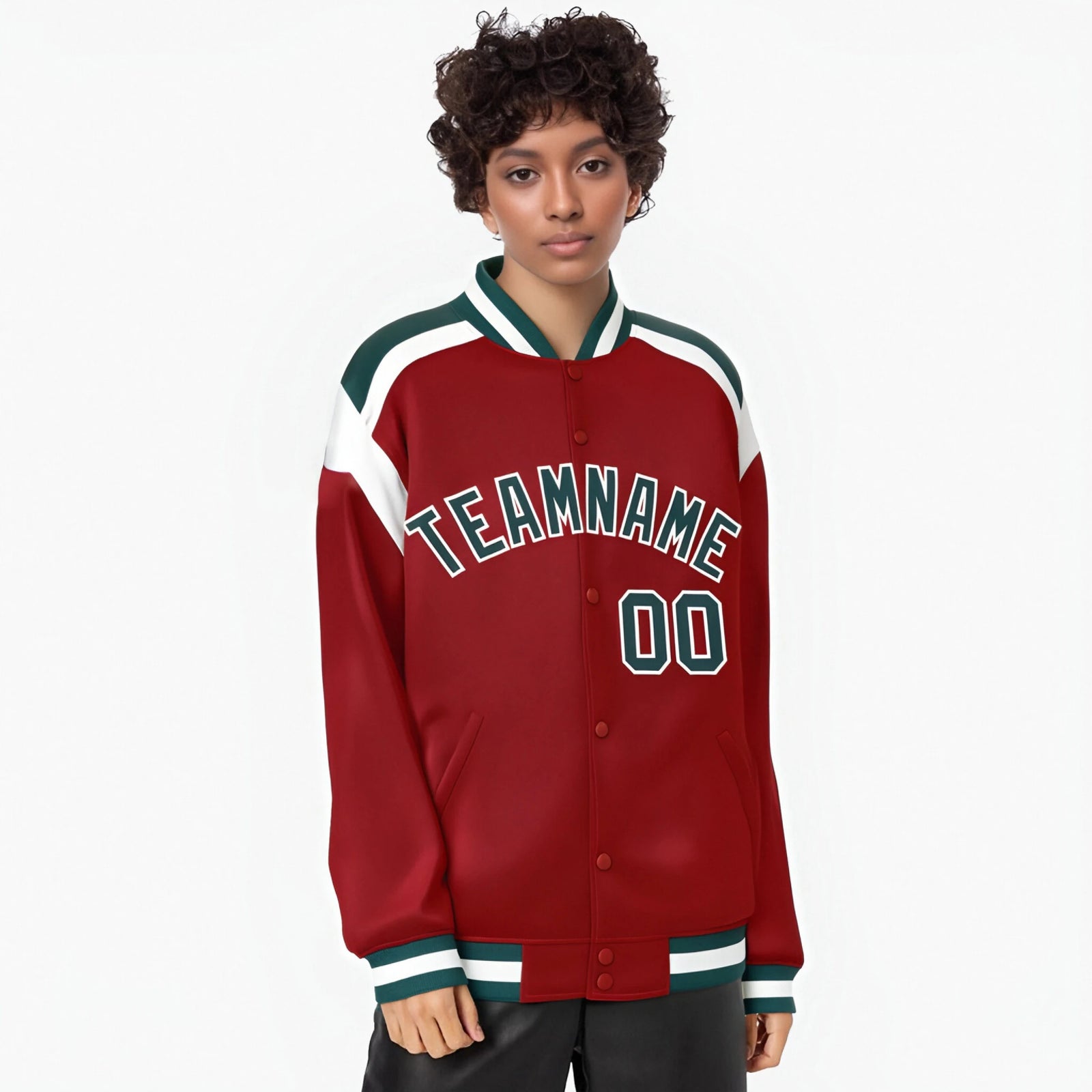 Custom Royal Red Midnight-Green White Bomber Full-Snap Varsity Letterman Shoulder Stripe Jacket