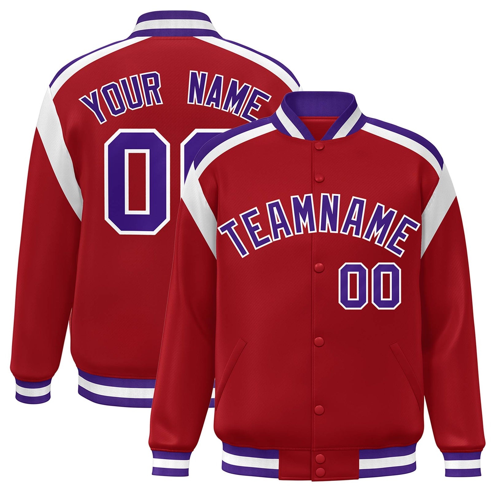 Custom Royal Red Purple-White Bomber Full-Snap Varsity Letterman Shoulder Stripe Jacket