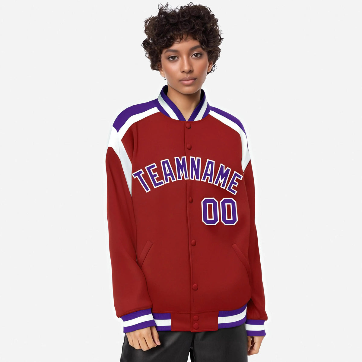 Custom Royal Red Purple-White Bomber Full-Snap Varsity Letterman Shoulder Stripe Jacket