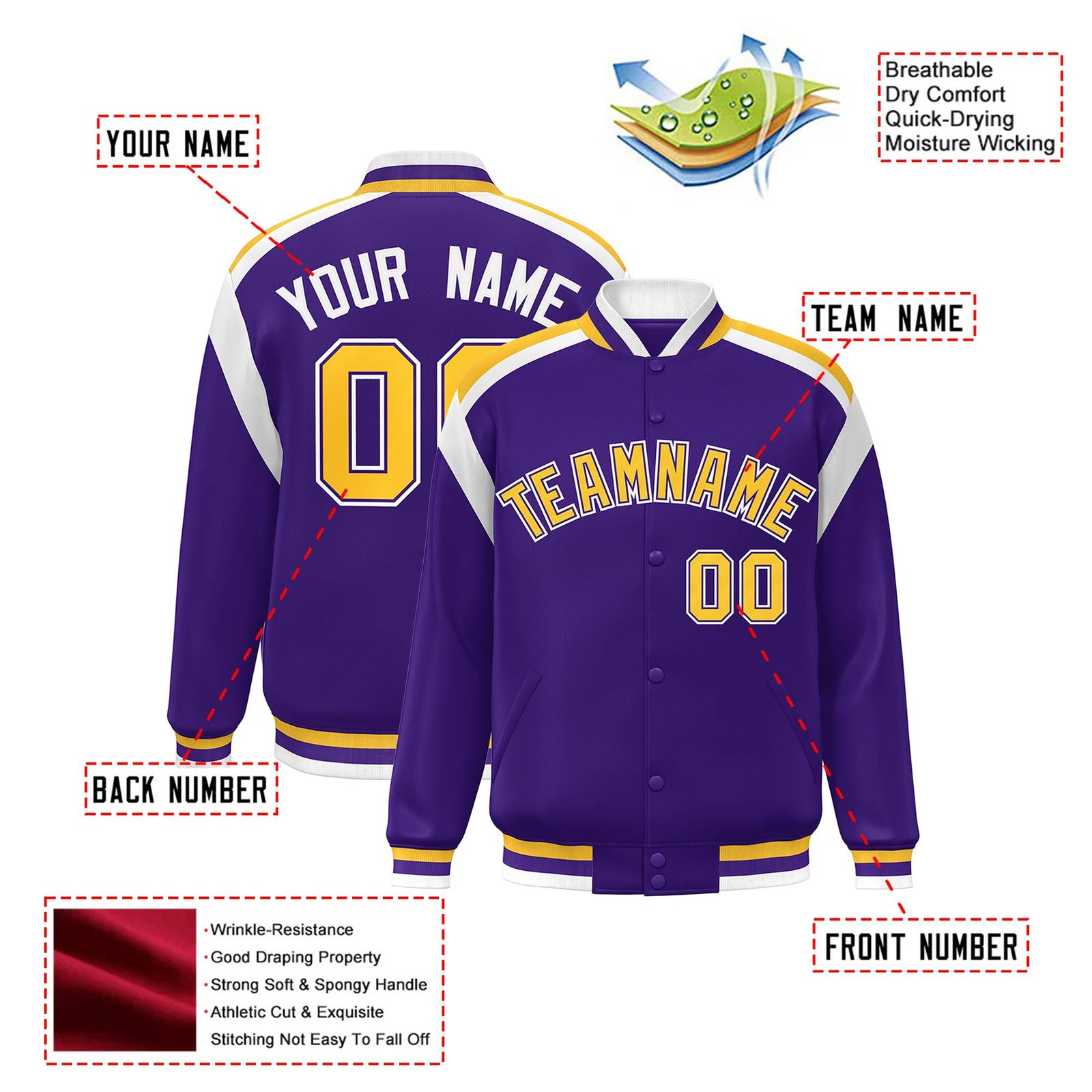 Custom Purple Yellow-White Bomber Full-Snap Varsity Letterman Shoulder Stripe Jacket