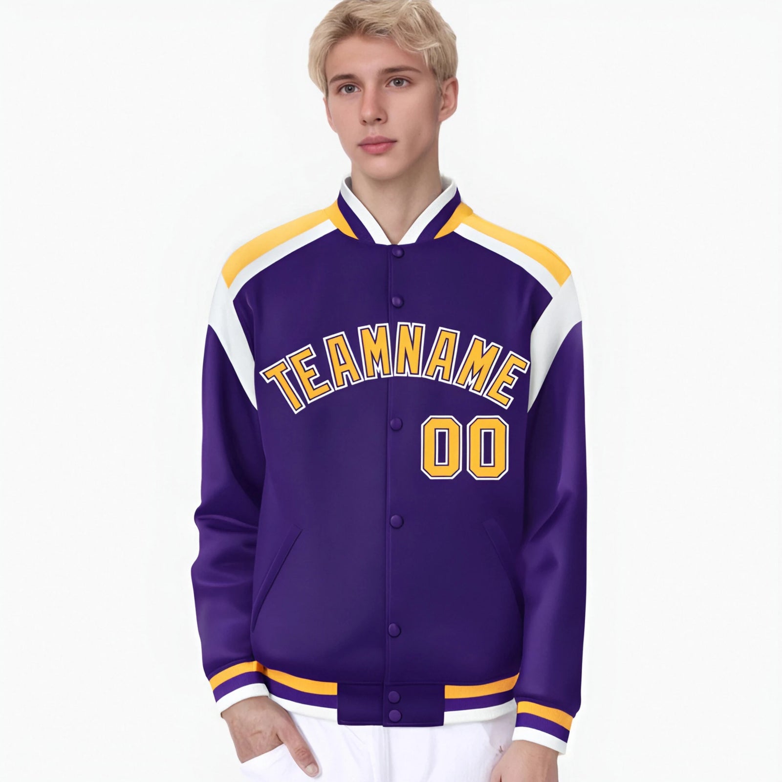Custom Purple Yellow-White Bomber Full-Snap Varsity Letterman Shoulder Stripe Jacket