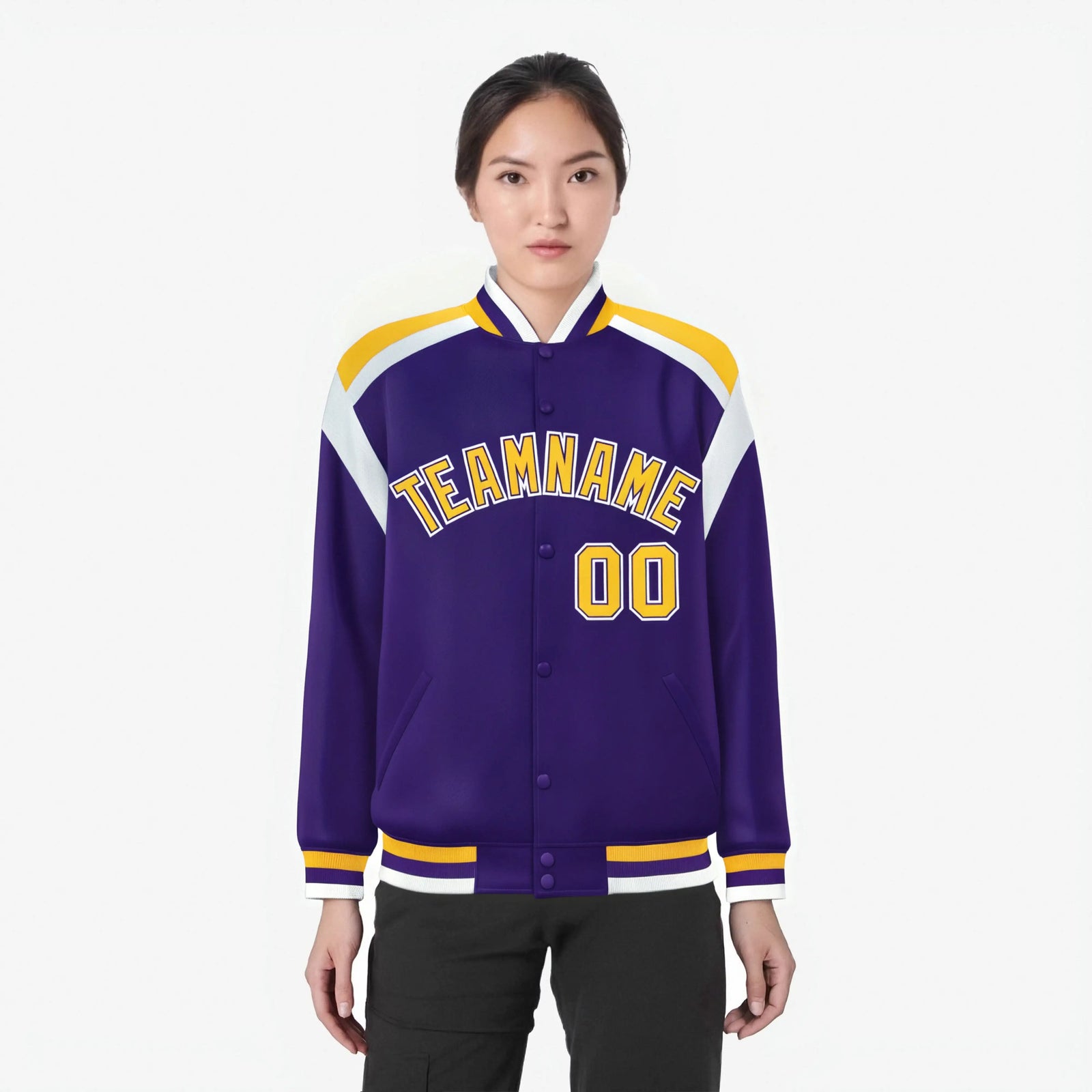 Custom Purple Yellow-White Bomber Full-Snap Varsity Letterman Shoulder Stripe Jacket