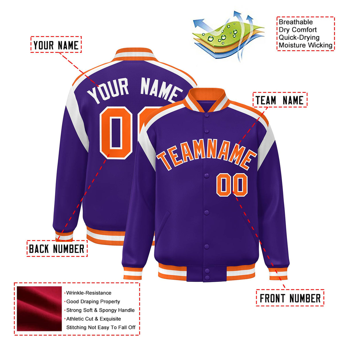 Custom Purple Orange-White Bomber Full-Snap Varsity Letterman Shoulder Stripe Jacket