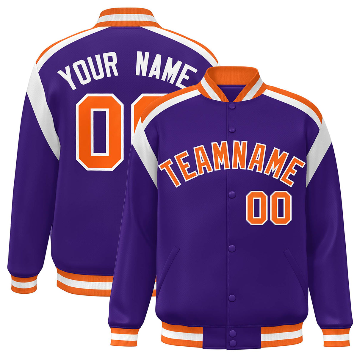 Custom Purple Orange-White Bomber Full-Snap Varsity Letterman Shoulder Stripe Jacket