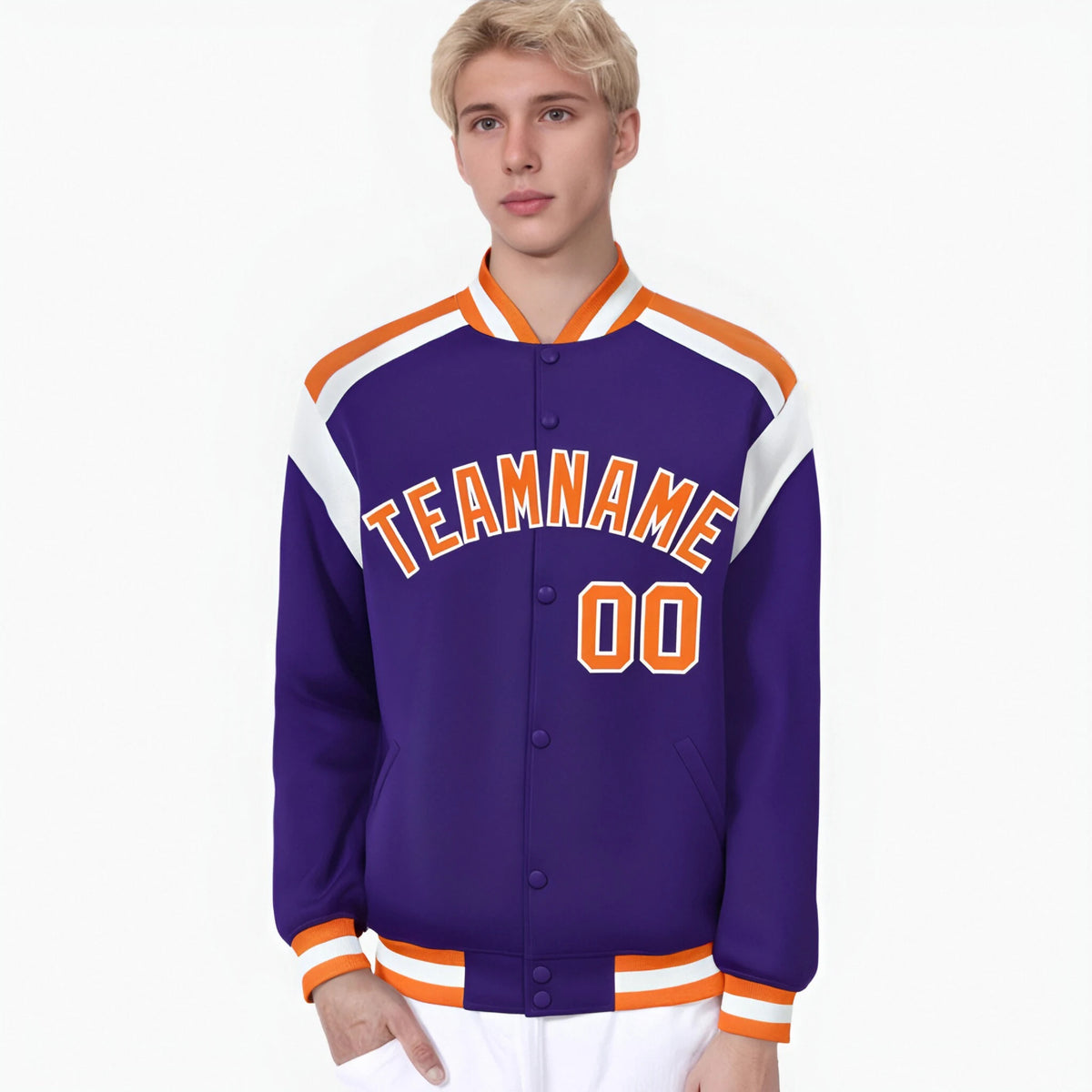 Custom Purple Orange-White Bomber Full-Snap Varsity Letterman Shoulder Stripe Jacket