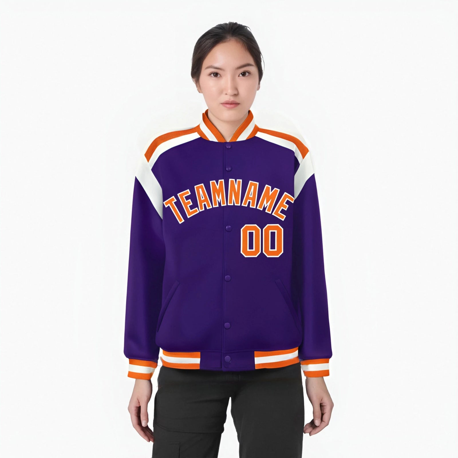Custom Purple Orange-White Bomber Full-Snap Varsity Letterman Shoulder Stripe Jacket