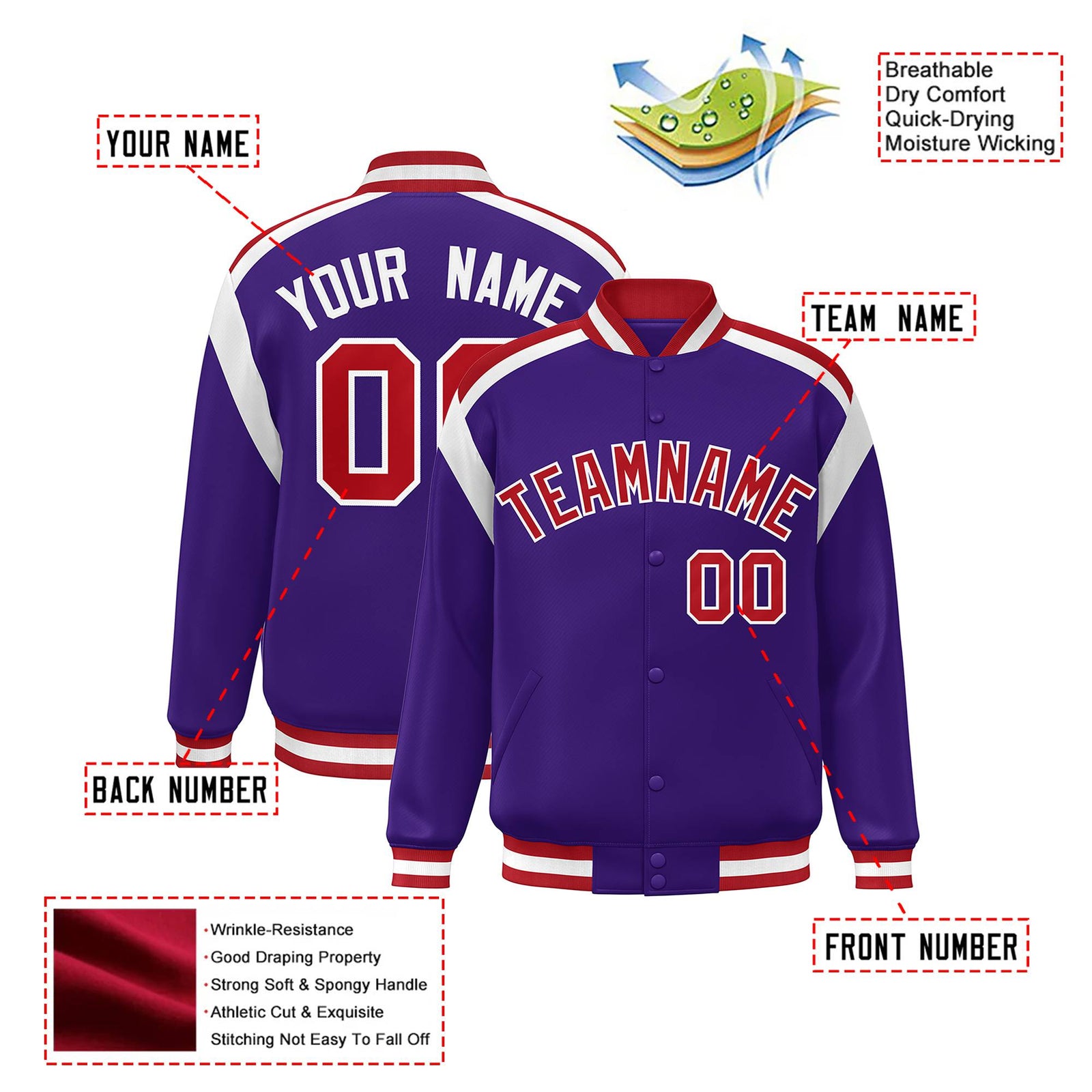 Custom Purple Red-White Bomber Full-Snap Varsity Letterman Shoulder Stripe Jacket