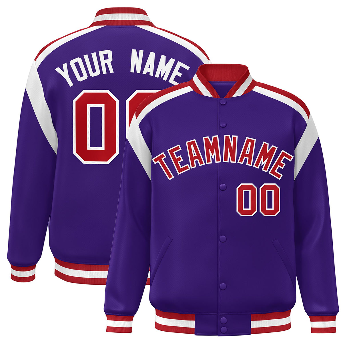 Custom Purple Red-White Bomber Full-Snap Varsity Letterman Shoulder Stripe Jacket