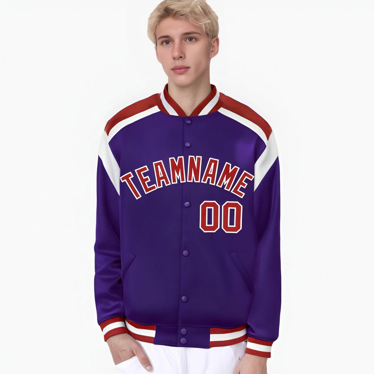Custom Purple Red-White Bomber Full-Snap Varsity Letterman Shoulder Stripe Jacket
