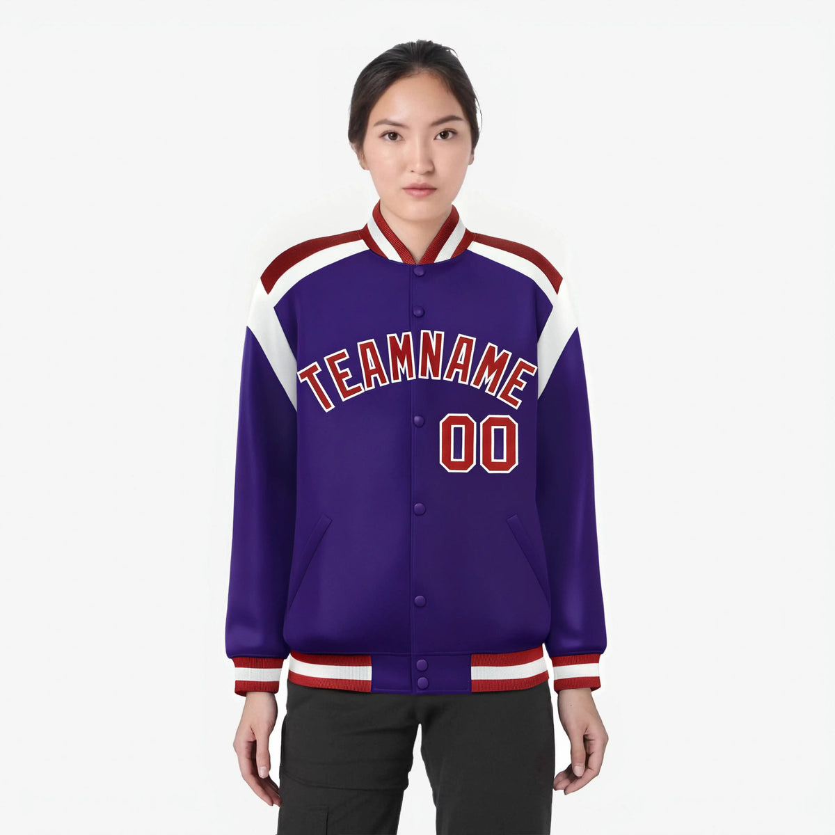 Custom Purple Red-White Bomber Full-Snap Varsity Letterman Shoulder Stripe Jacket