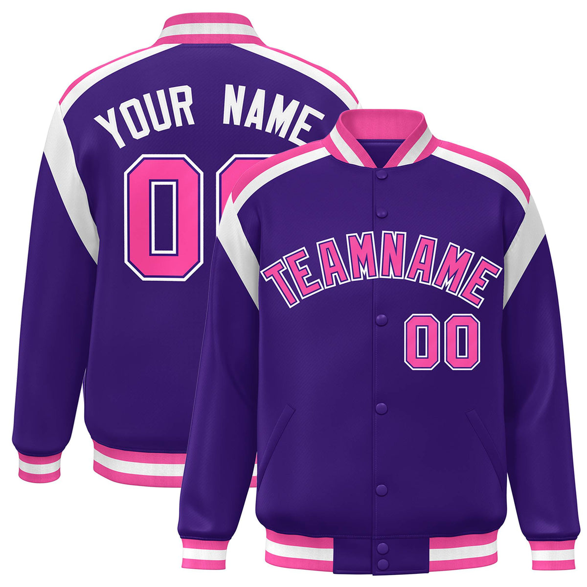 Custom Purple Pink-White Bomber Full-Snap Varsity Letterman Shoulder Stripe Jacket