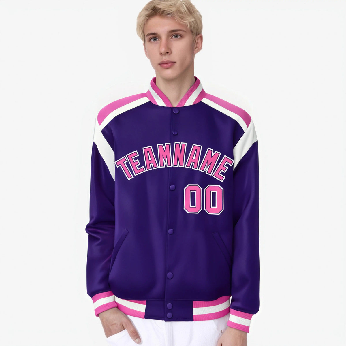 Custom Purple Pink-White Bomber Full-Snap Varsity Letterman Shoulder Stripe Jacket