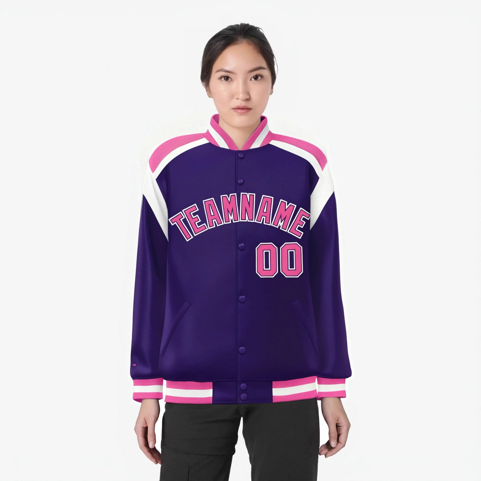 Custom Purple Pink-White Bomber Full-Snap Varsity Letterman Shoulder Stripe Jacket