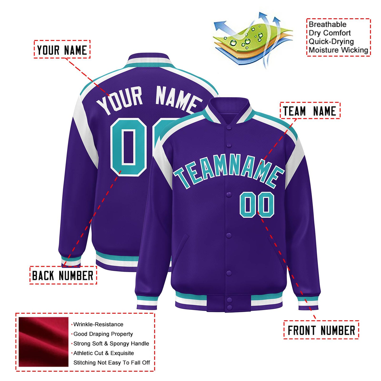 Custom Purple Aqua-White Bomber Full-Snap Varsity Letterman Shoulder Stripe Jacket