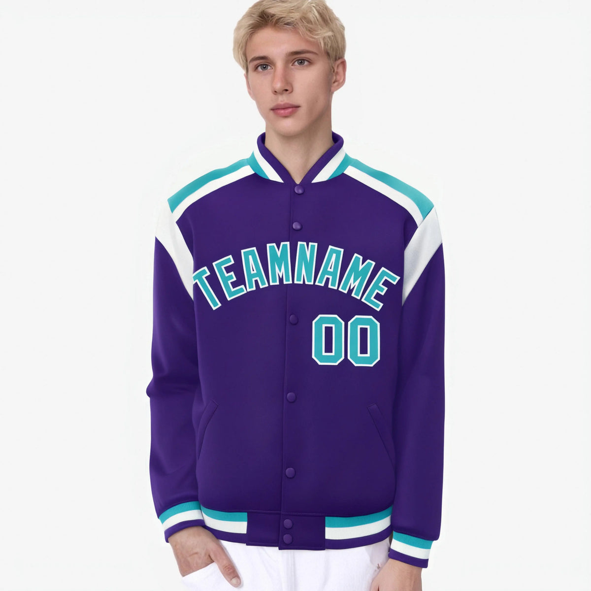 Custom Purple Aqua-White Bomber Full-Snap Varsity Letterman Shoulder Stripe Jacket