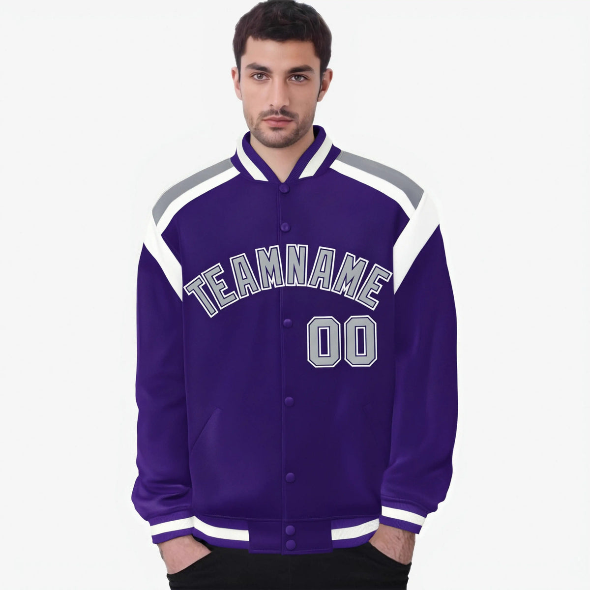 Custom Purple Gray-White Bomber Full-Snap Varsity Letterman Shoulder Stripe Jacket