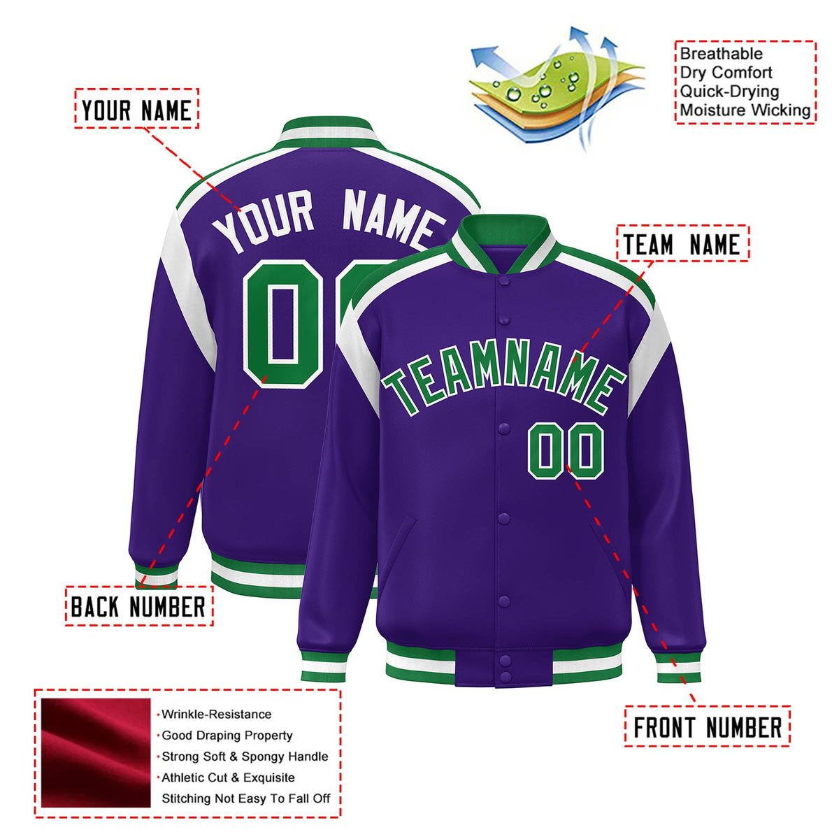 Custom Purple Green-White Bomber Full-Snap Varsity Letterman Shoulder Stripe Jacket