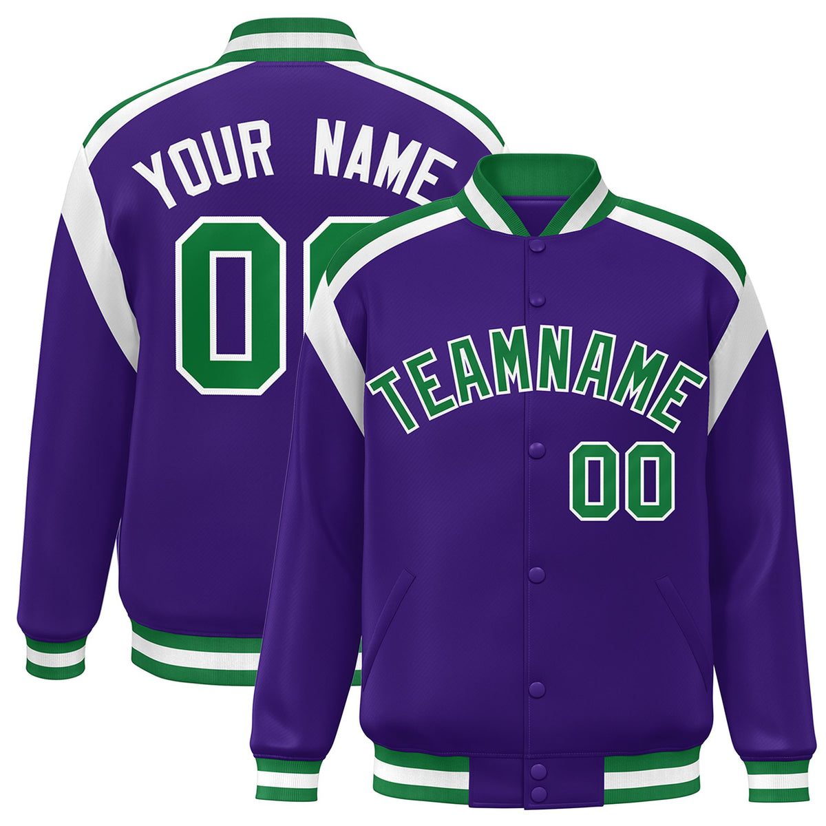 Custom Purple Green-White Bomber Full-Snap Varsity Letterman Shoulder Stripe Jacket