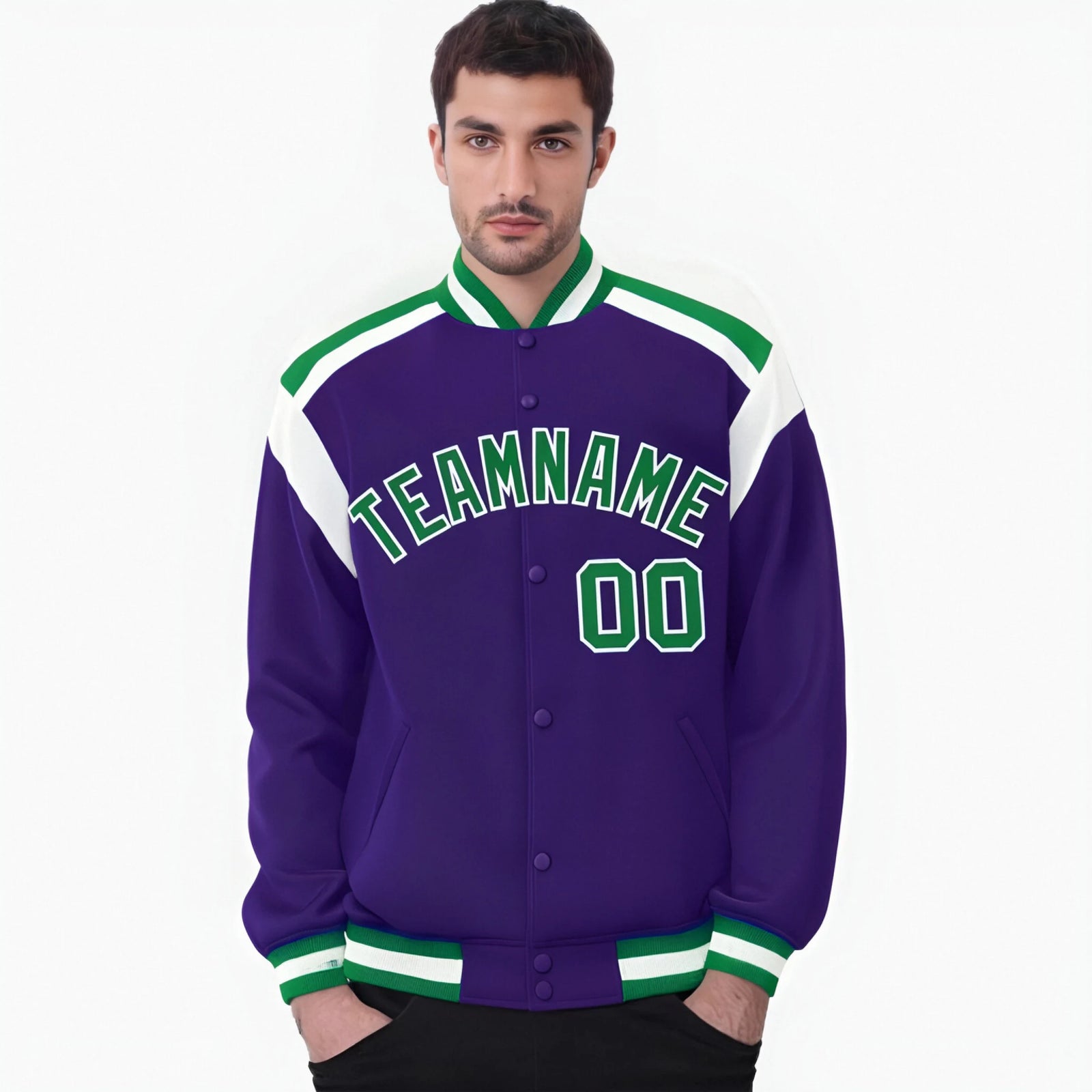 Custom Purple Green-White Bomber Full-Snap Varsity Letterman Shoulder Stripe Jacket