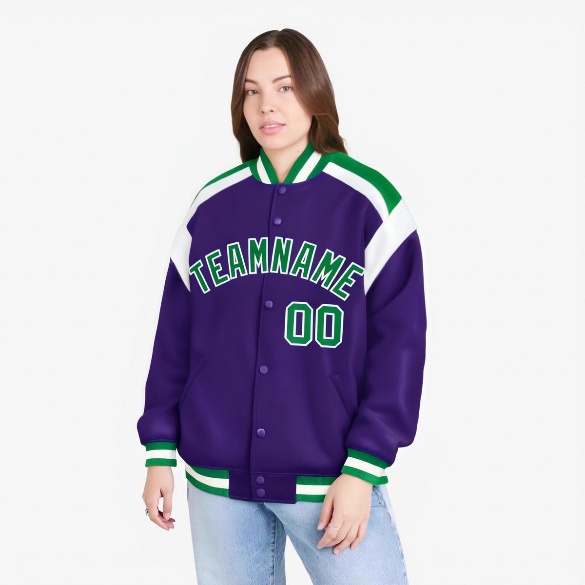 Custom Purple Green-White Bomber Full-Snap Varsity Letterman Shoulder Stripe Jacket