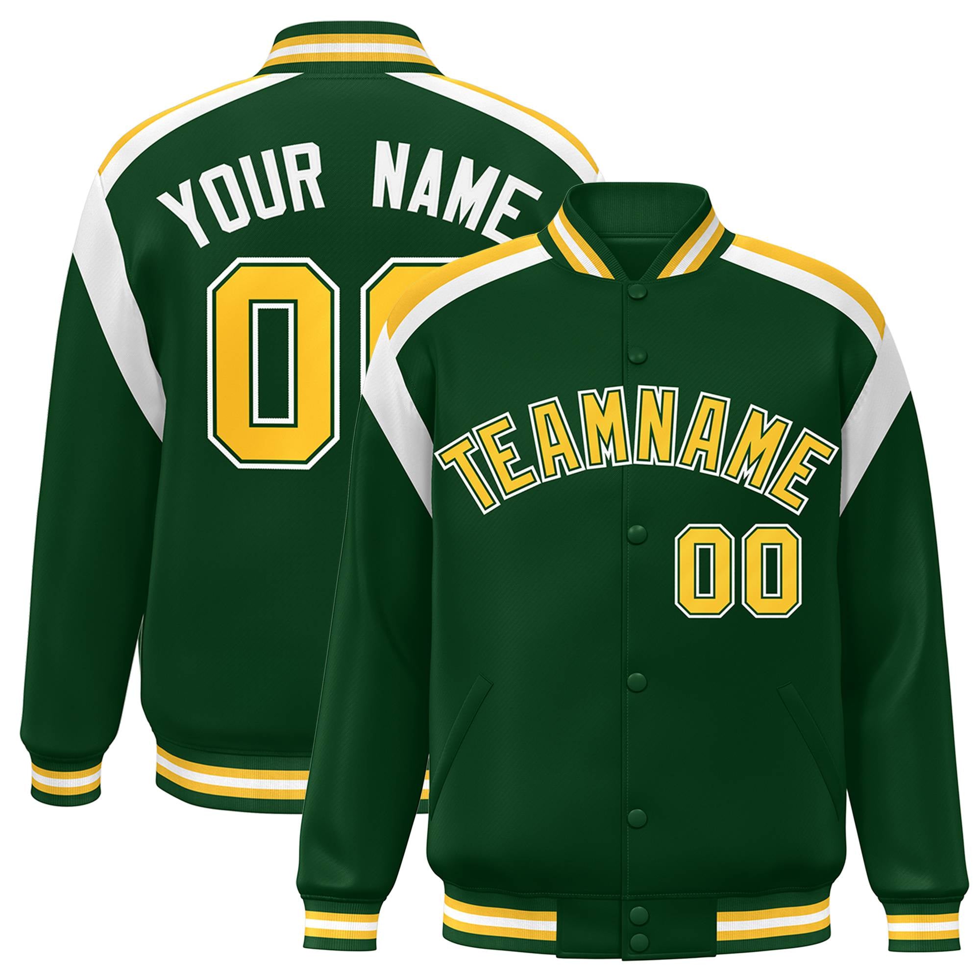 Custom Kelly-Green Yellow-White Bomber Full-Snap Varsity Letterman Shoulder Stripe Jacket