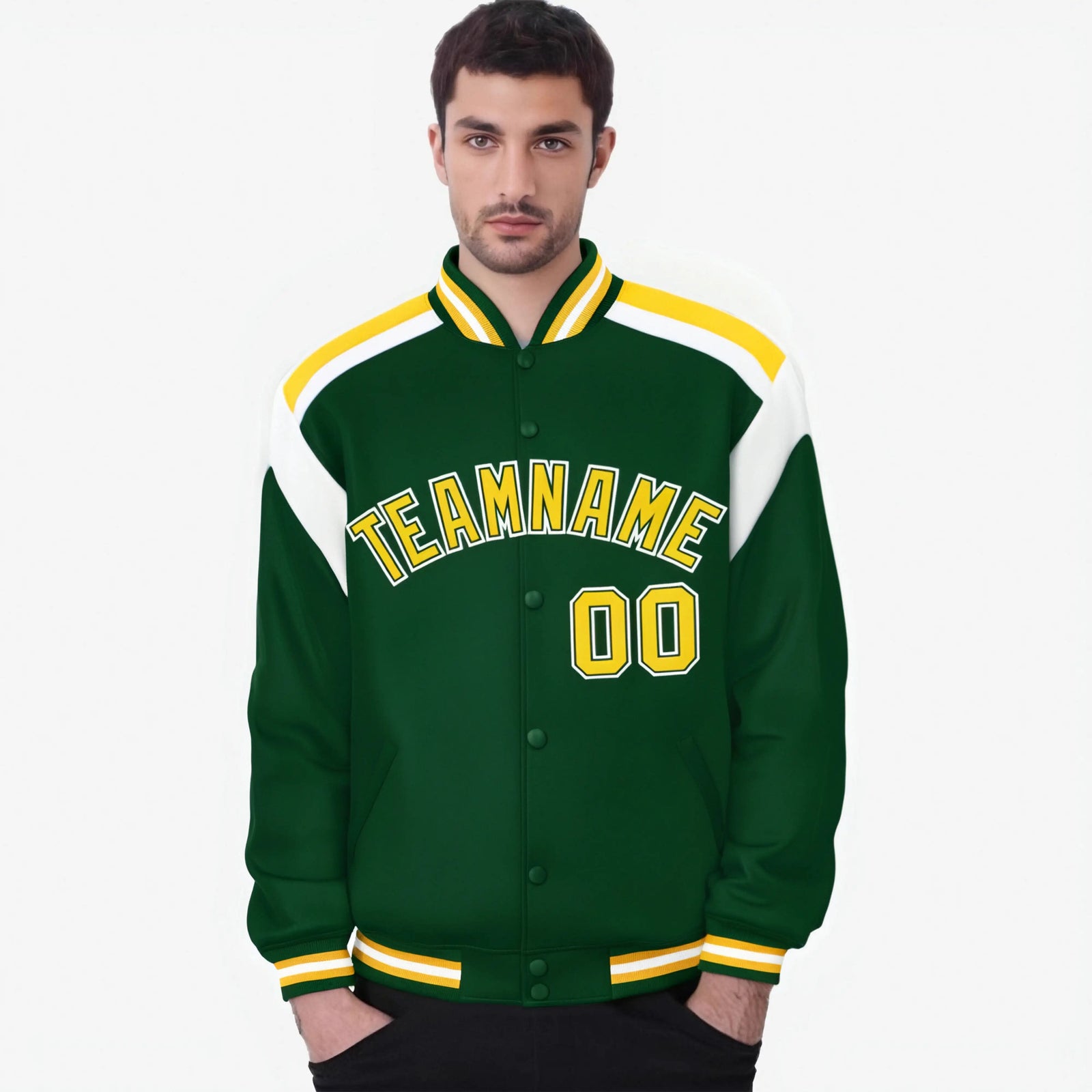 Custom Kelly-Green Yellow-White Bomber Full-Snap Varsity Letterman Shoulder Stripe Jacket