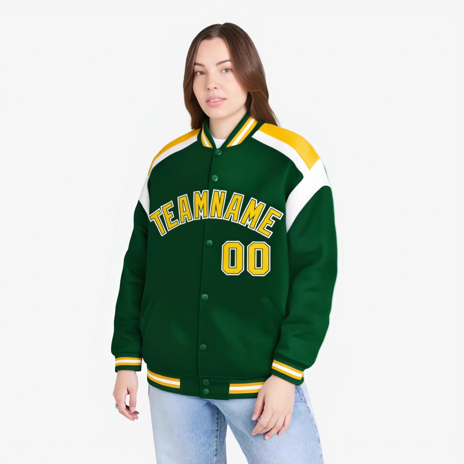 Custom Kelly-Green Yellow-White Bomber Full-Snap Varsity Letterman Shoulder Stripe Jacket