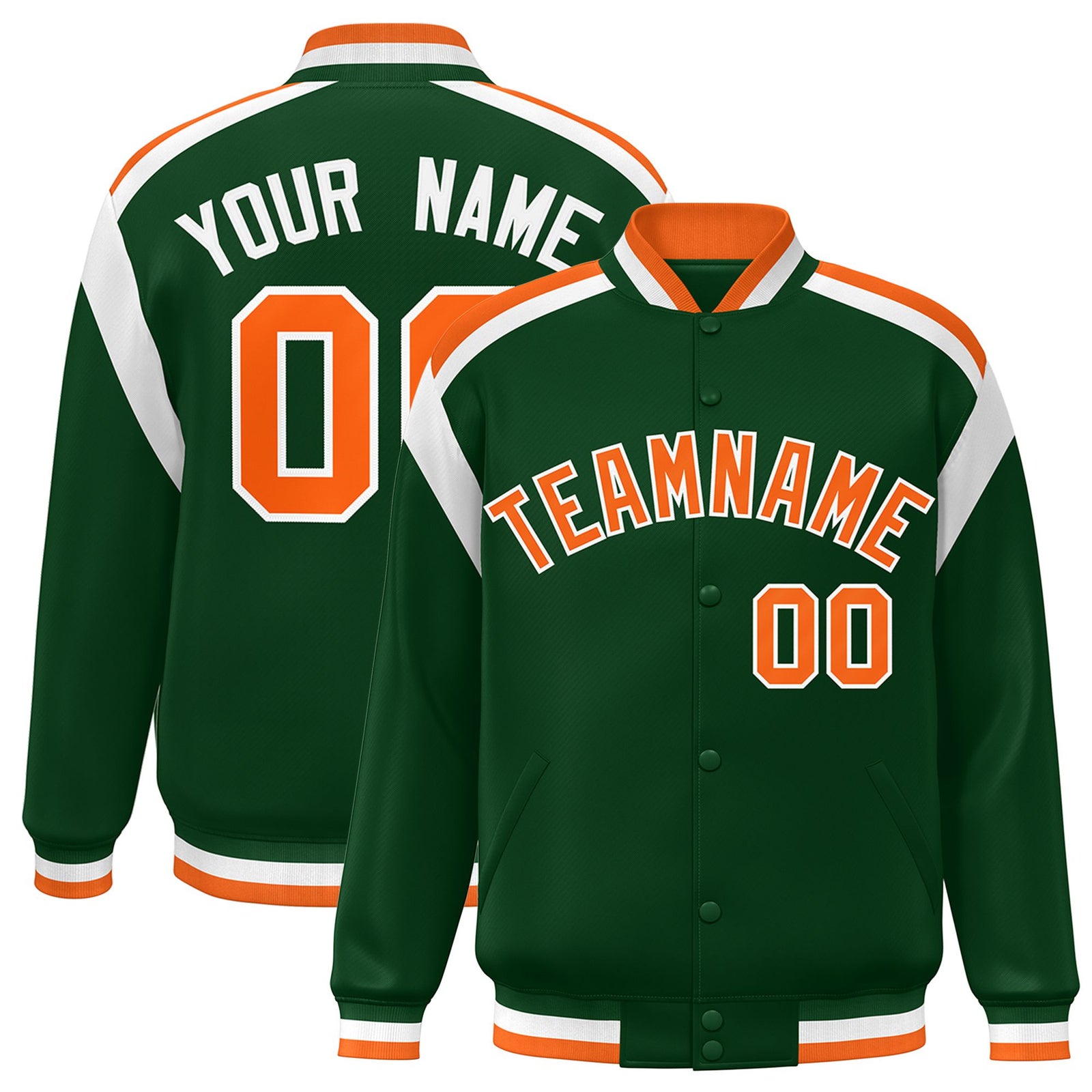 Custom Kelly-Green Orange-White Bomber Full-Snap Varsity Letterman Shoulder Stripe Jacket