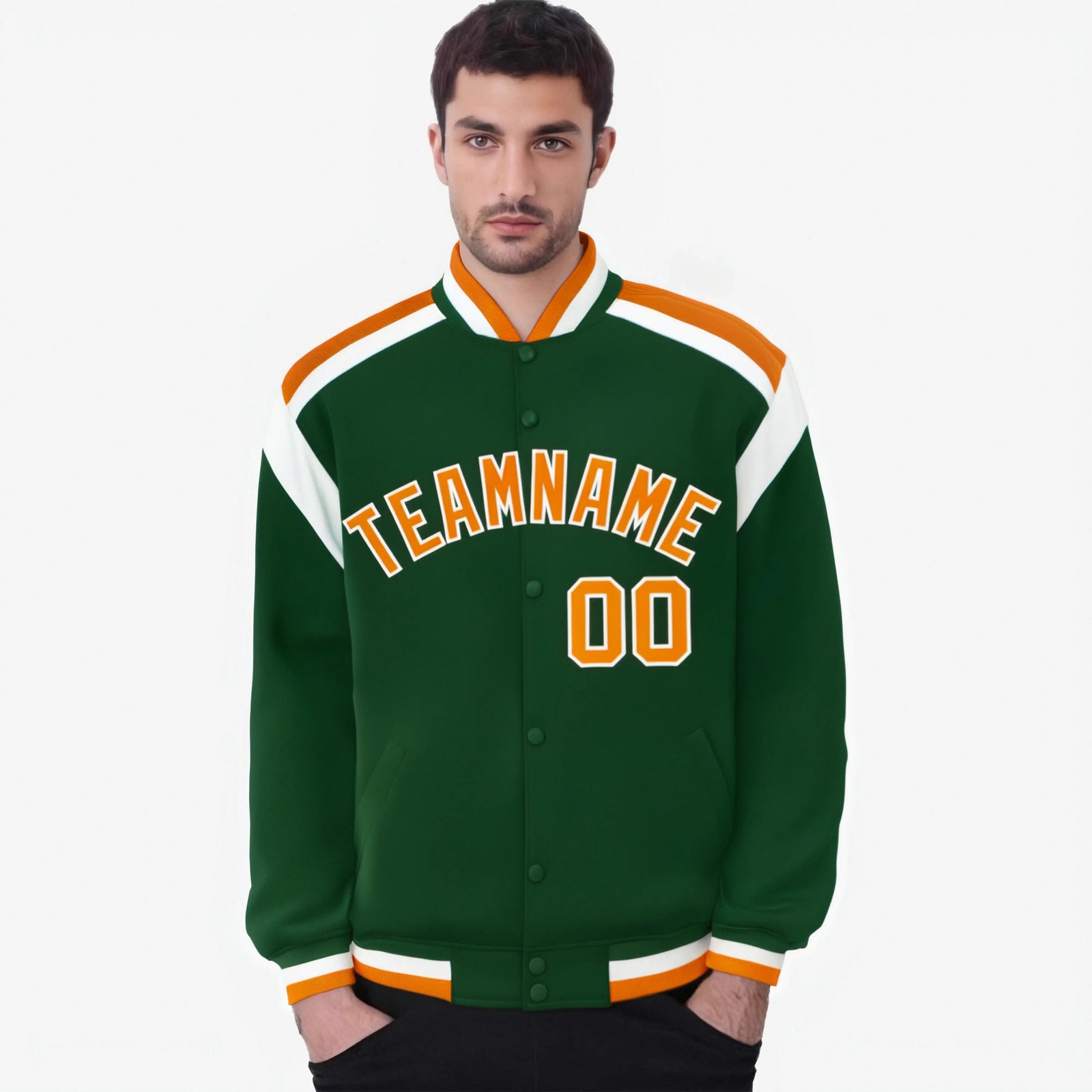 Custom Kelly-Green Orange-White Bomber Full-Snap Varsity Letterman Shoulder Stripe Jacket