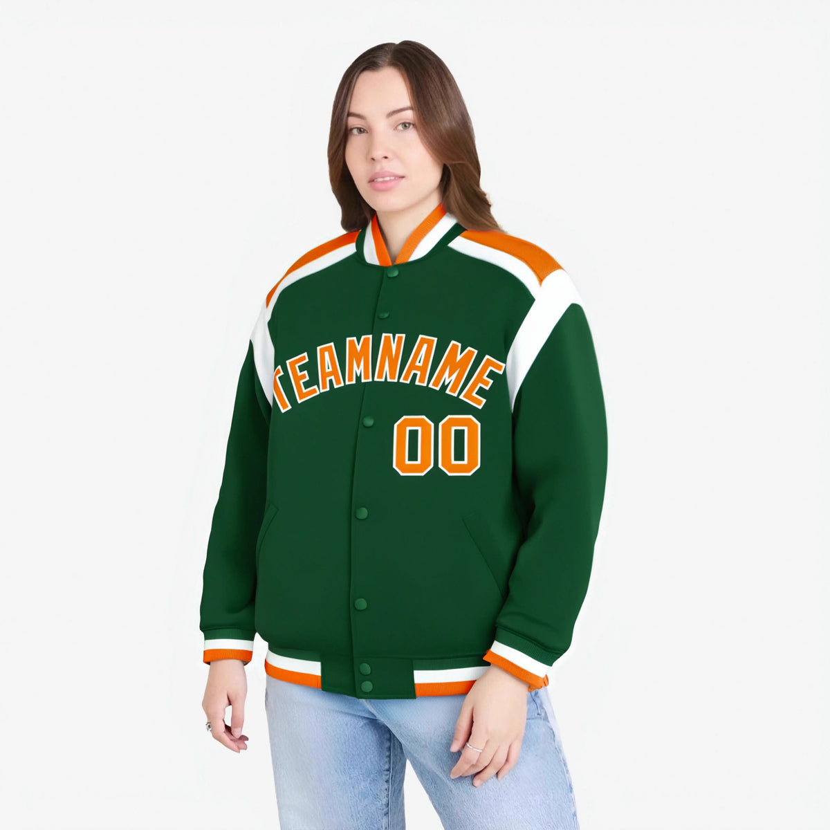 Custom Kelly-Green Orange-White Bomber Full-Snap Varsity Letterman Shoulder Stripe Jacket