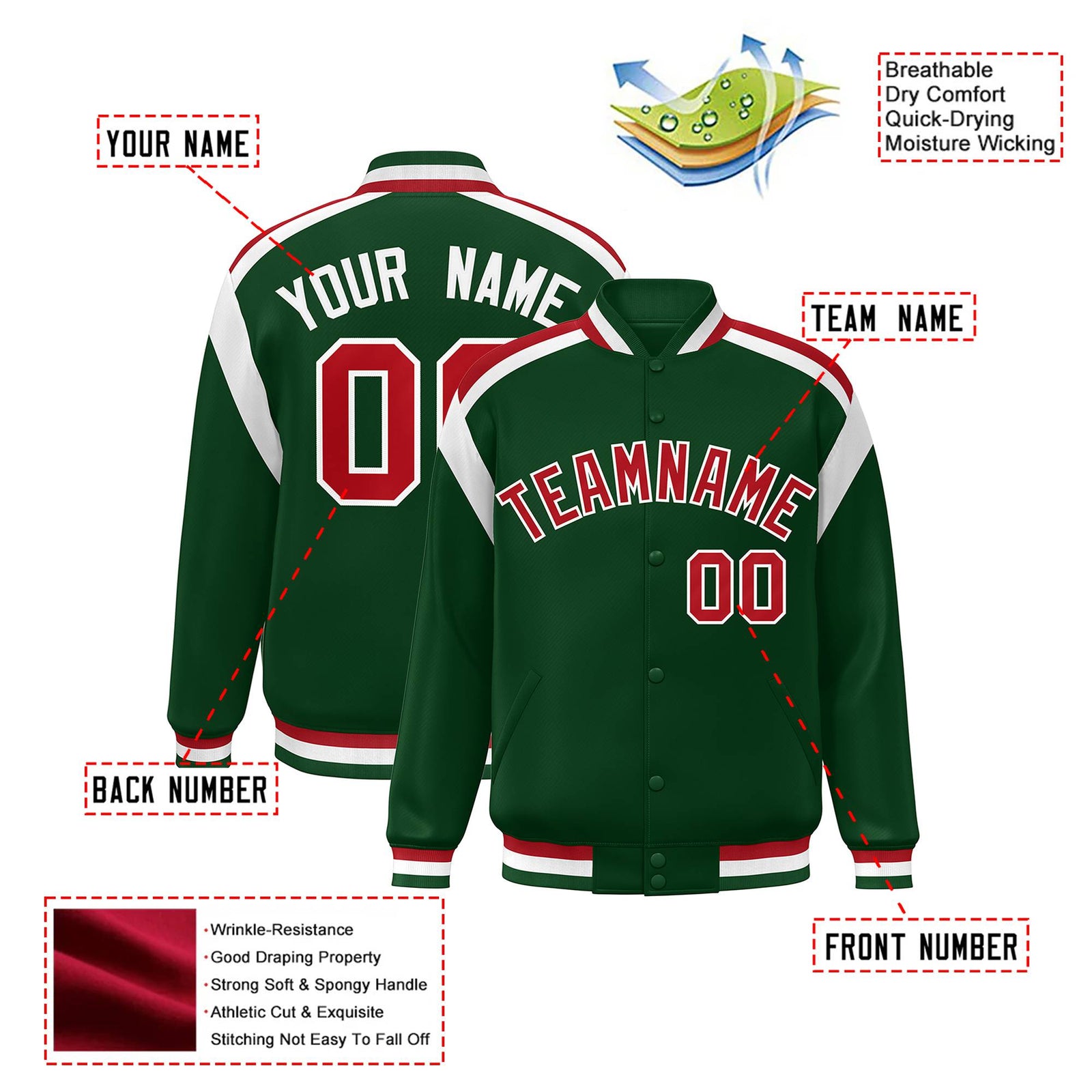 Custom Kelly-Green Red-White Bomber Full-Snap Varsity Letterman Shoulder Stripe Jacket