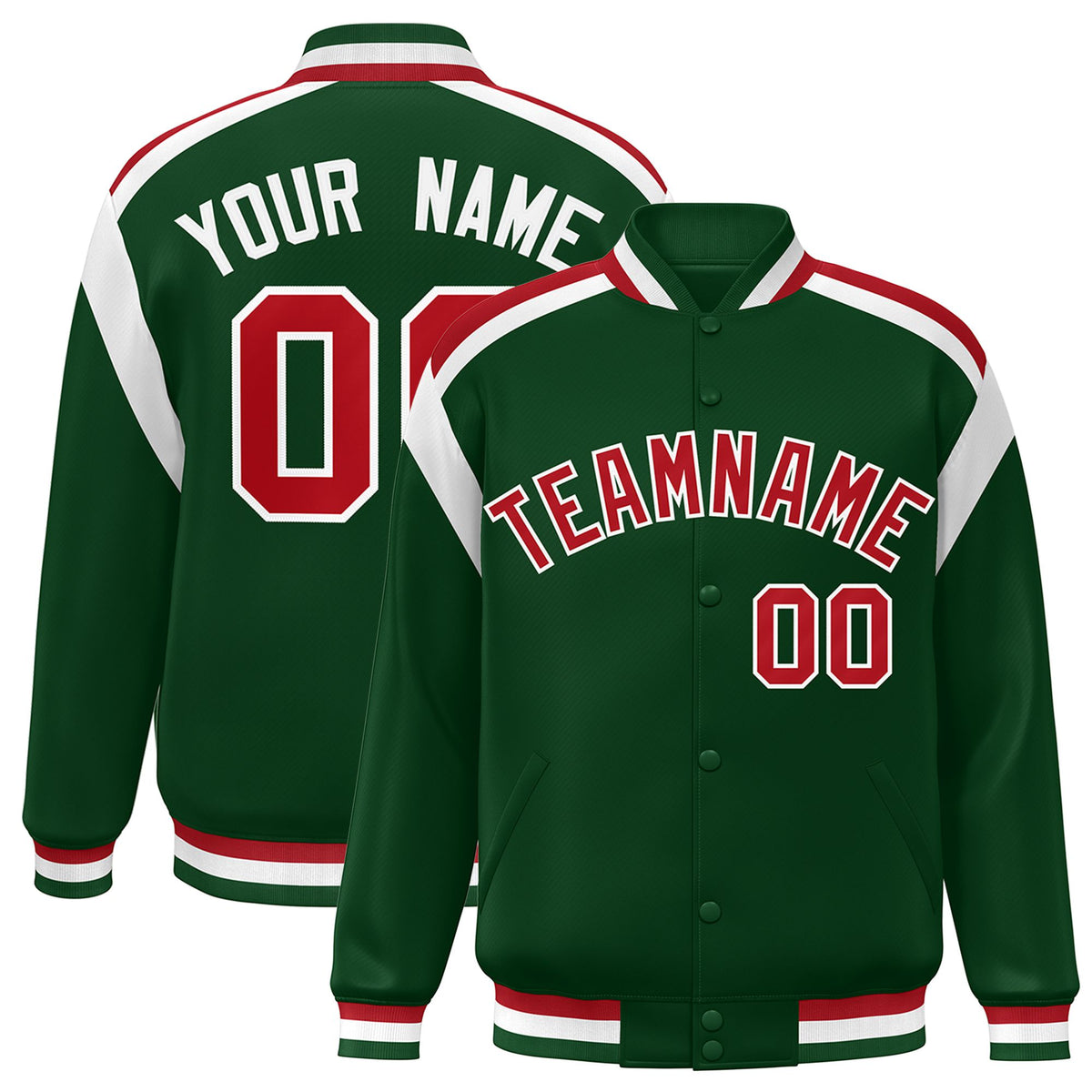 Custom Kelly-Green Red-White Bomber Full-Snap Varsity Letterman Shoulder Stripe Jacket