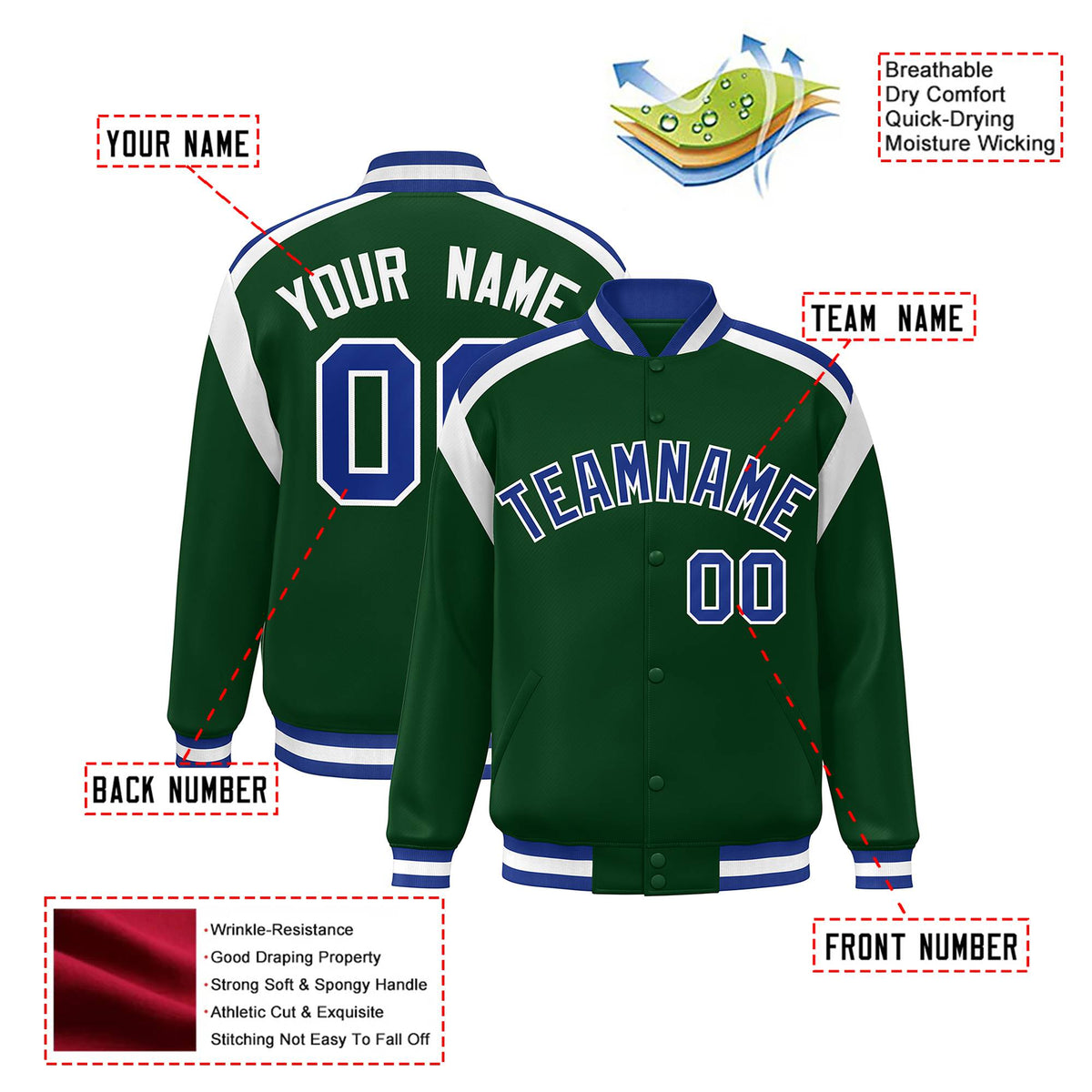 Custom Kelly-Green Thunder-Blue White Bomber Full-Snap Varsity Letterman Shoulder Stripe Jacket