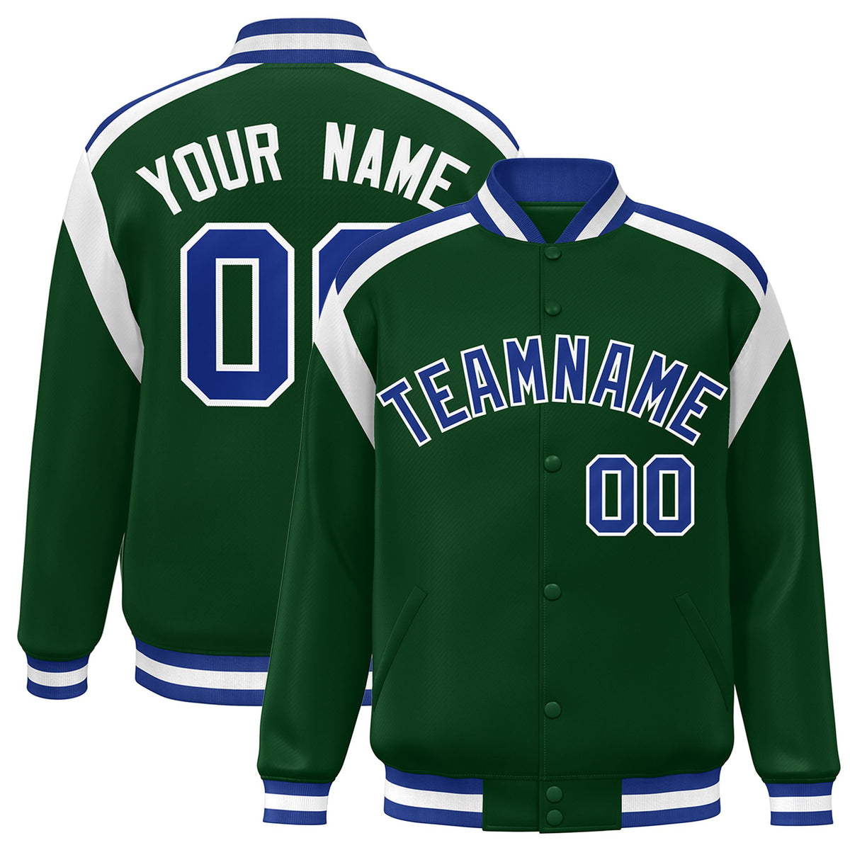 Custom Kelly-Green Thunder-Blue White Bomber Full-Snap Varsity Letterman Shoulder Stripe Jacket