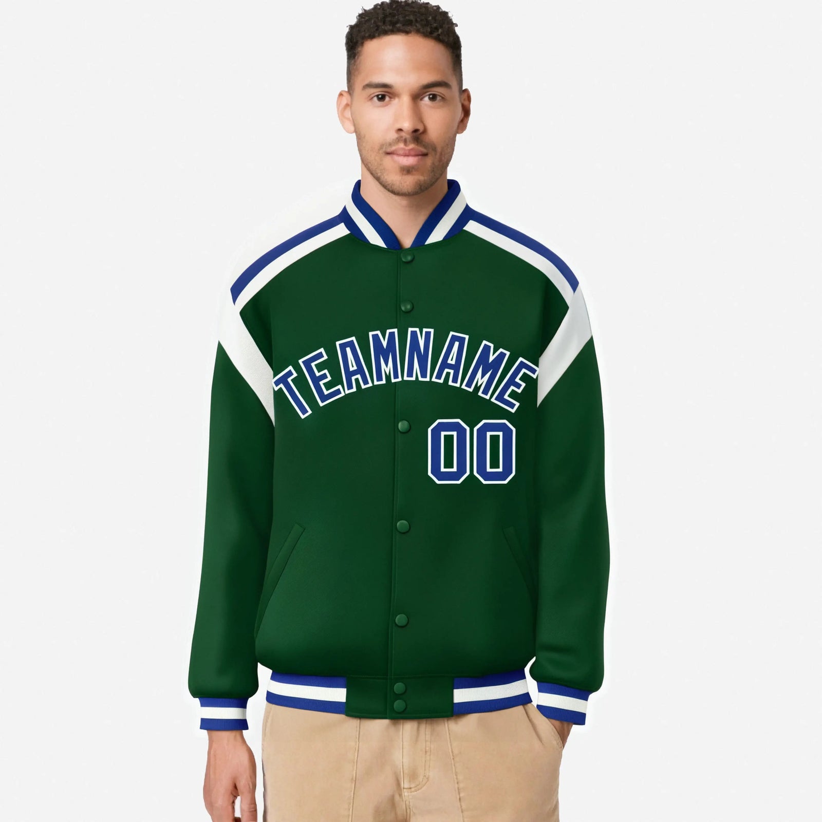 Custom Kelly-Green Thunder-Blue White Bomber Full-Snap Varsity Letterman Shoulder Stripe Jacket