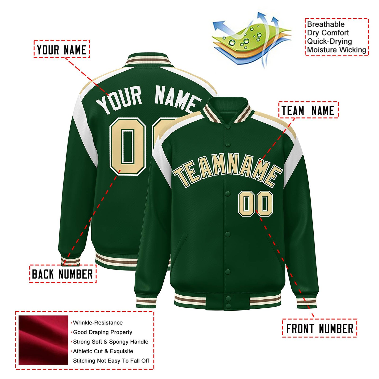 Custom Kelly-Green Old-Gold White Bomber Full-Snap Varsity Letterman Shoulder Stripe Jacket