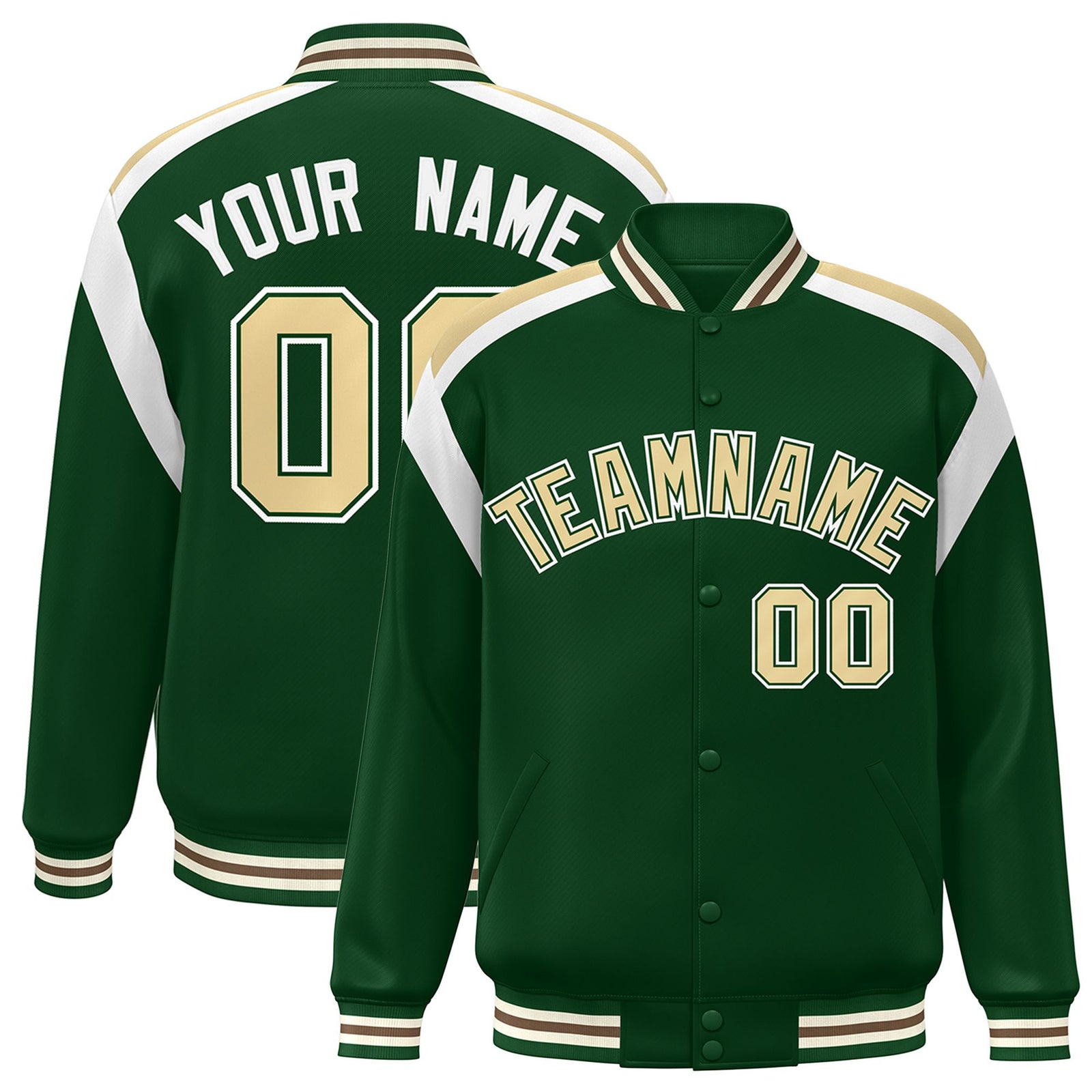 Custom Kelly-Green Old-Gold White Bomber Full-Snap Varsity Letterman Shoulder Stripe Jacket