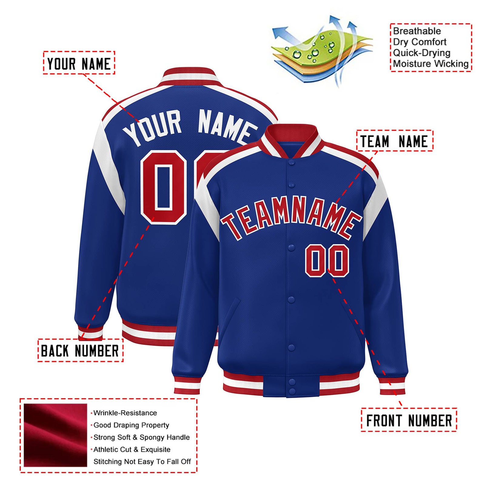 Custom Thunder Blue Red-White Bomber Full-Snap Varsity Letterman Shoulder Stripe Jacket